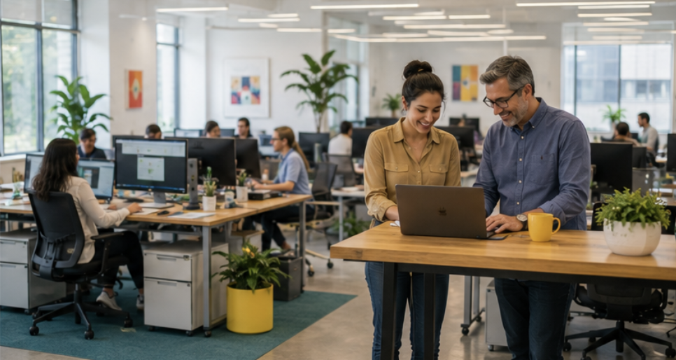 SKL strategists working side-by-side at a standing desk